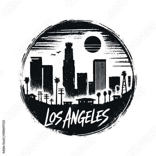 Minimalistic brush-style Los Angeles landscape in bold black vector lines. Round emblem