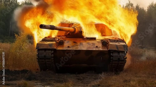 Scene of a tank burning and exploding, seamless looping motion for background video animation.