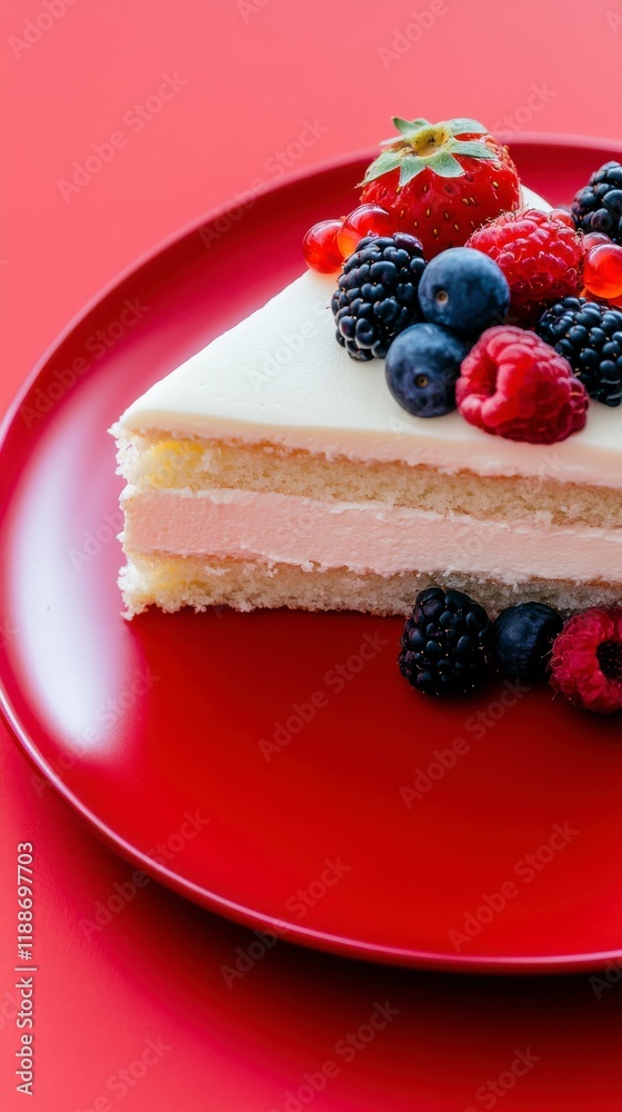 Creamy White Chocolate Layer Cake with fresh berries, captured on a red minimalist background, pure and delicate Hyper-quality professionnal photography Creamy White Chocolate Layer Cake with fresh berries, captured on a red minimalist background, pure and delicate Hyper-quality professionnal photography