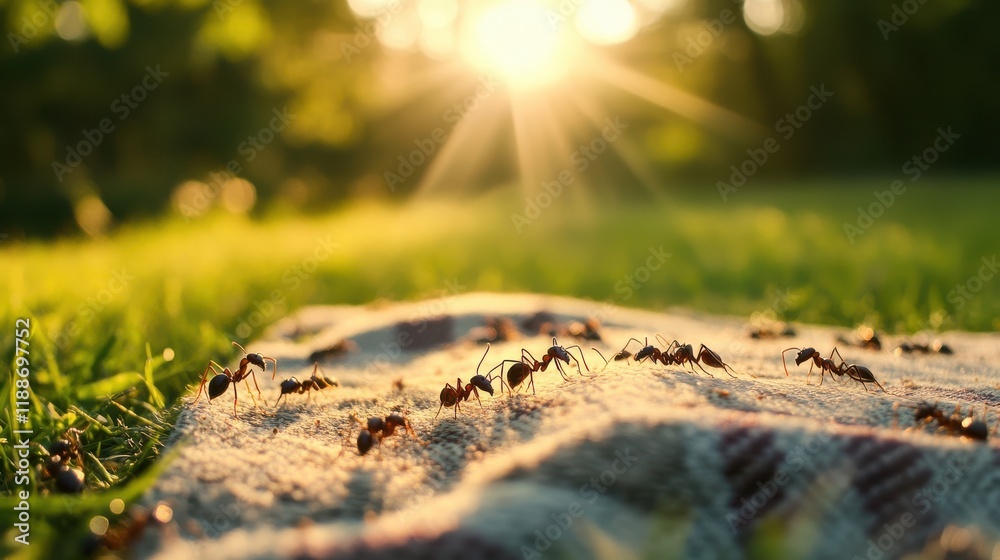 Ants Crawling on a Blanket with Sunlight in the Background at Dawn Ants Crawling on a Blanket with Sunlight in the Background at Dawn