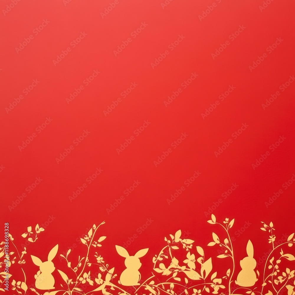 Simple Minimalist Chinese New Year Decoration Featuring Golden Rabbits and Floral Elements on a Red Background for Easter Celebrations Simple Minimalist Chinese New Year Decoration Featuring Golden Rabbits and Floral Elements on a Red Background for Easter Celebrations