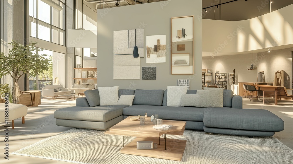 Fototapeta premium Modern sectional sofa, artwork, sunlit room.