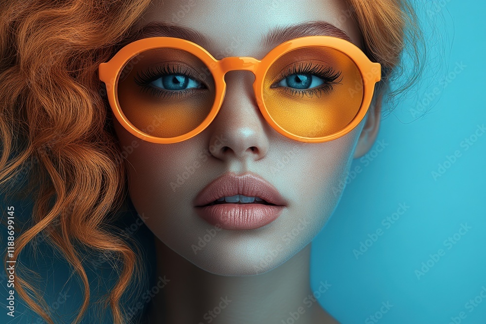 Stunning graphic layout featuring a woman with vibrant orange sunglasses and curly hair Stunning graphic layout featuring a woman with vibrant orange sunglasses and curly hair