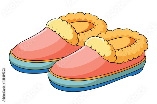 Illustration of fluffy indoor slippers in bright colors, showcasing a cozy and stylish design, ideal for comfort, fashion, or winter themed projects photo