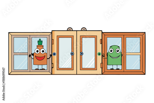Cartoon draft stoppers for windows and doors with smiling characters, colorful and fun design, perfect for creative home improvement illustrations