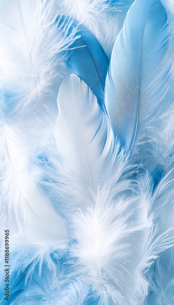 Fototapeta premium Abstract background, soft blue and white layered feathers. Close-up texture, with copy space