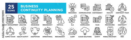 Business Continuity Planning icon collection set. Containing design Business Resilience, Communication Plan, Contingency Plan, Facility Management , Business Continuity Team