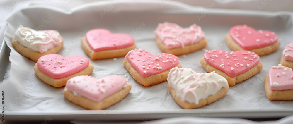 Creative holiday food concept. Row of heart shaped cookies with pink and white icing on silver baking sheet decorated with fabric. Creative holiday food concept. Row of heart shaped cookies with pink and white icing on silver baking sheet decorated with fabric.