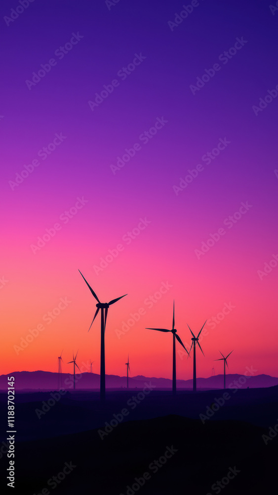 Obraz premium A breathtaking sunset with a wind farm standing tall against a vibrant purple sky.