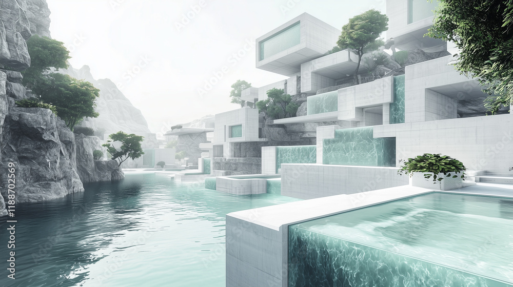 Fototapeta premium Modern architectural design with cascading water features, surrounded by lush greenery and rocky cliffs under soft natural light