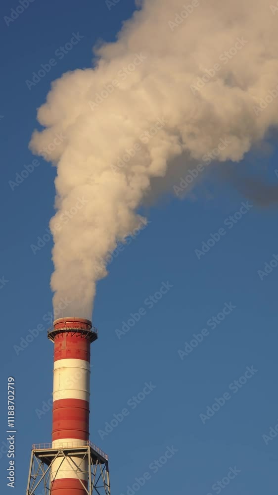 Industrial chimney releasing dense smoke into the sky. Captured in slow motion, highlighting the pollution and the height of the structure. Industrial chimney releasing dense smoke into the sky. Captured in slow motion, highlighting the pollution and the height of the structure.