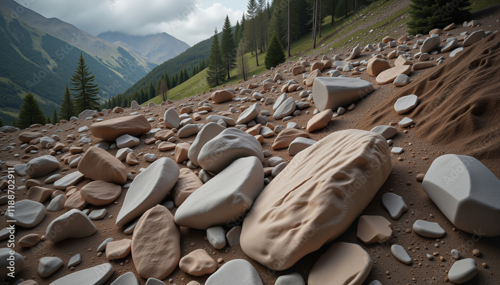 Landslide debris scattered on a mountain slope with large rocks and dirt creating a chaotic scene Landslide debris scattered on a mountain slope with large rocks and dirt creating a chaotic scene