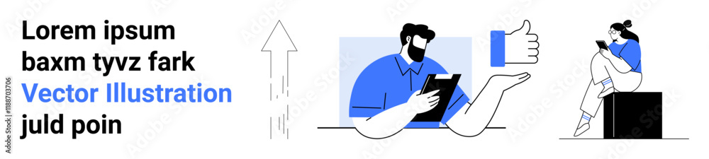 Two people using tablets, arrow pointing up, thumbs up gesture, and placeholder text. Ideal for social media, communication, technology, networking, digital marketing collaboration content Two people using tablets, arrow pointing up, thumbs up gesture, and placeholder text. Ideal for social media, communication, technology, networking, digital marketing collaboration content