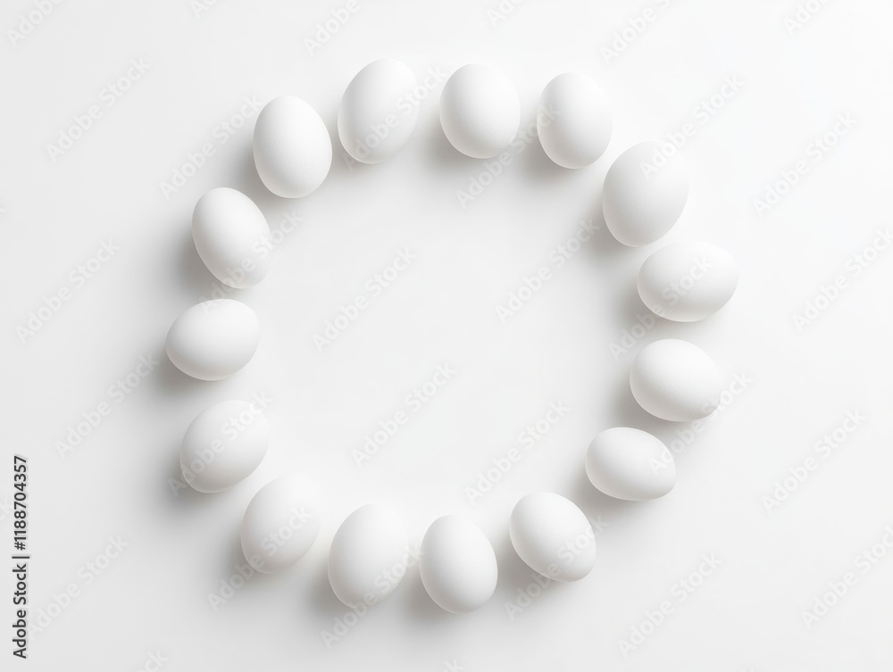 Obraz premium Minimalist Top-Down View of White Eggs Arranged in a Circular Frame for Celebrations, Perfect for Chinese New Year and Easter Themes in a Simple Design