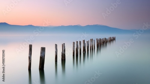 Serene Sunset at the Lake with Old Wooden Pillars
