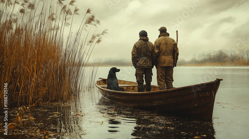 Fototapeta Naklejka Na Ścianę i Meble -  Hunters with a black labrador on a lake with reeds and a hunting boat