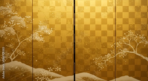 Gold contemporary artistic Japanese ukiyo-e, folding screen ambience, abstract, elegant, delicate and luxurious retro dramatic graphic design elements