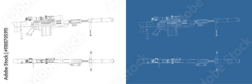 vector Sniper Rifle line art draw blueprint wireframe from side and top isolated in transparent background
