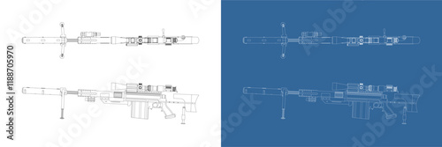 vector Sniper Rifle line art draw blueprint wireframe top and side view isolated in transparent background
