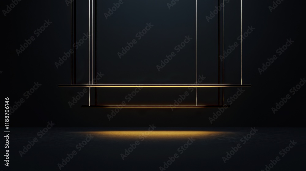 **A minimalist interplay of parallel golden beams seemingly suspended in a dark matte void **A minimalist interplay of parallel golden beams seemingly suspended in a dark matte void