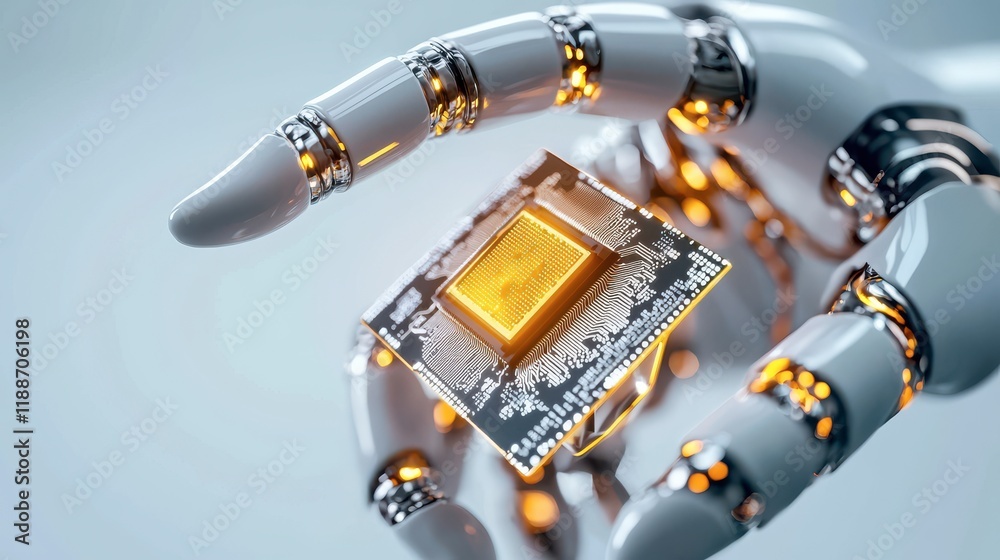 A robotic hand delicately holds a futuristic computer chip, symbolizing the fusion of technology and artificial intelligence. A robotic hand delicately holds a futuristic computer chip, symbolizing the fusion of technology and artificial intelligence.