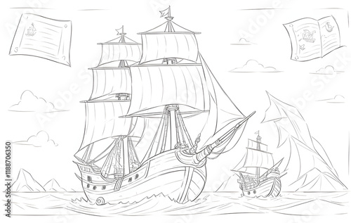 A pirate ship sailing on the ocean with a treasure chest and map. Lineart
 photo