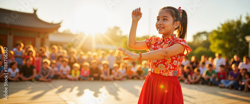 Joyful Asian girl performing traditional dance at Qingming Festival, celebration photo