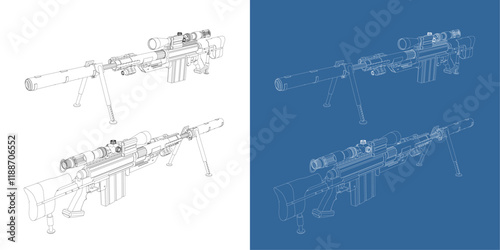 vector Sniper Rifle line art draw blueprint wireframe  isometric view isolated in transparent background
