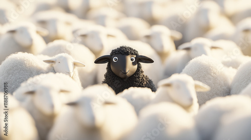 A black cartoon sheep among white sheep. Concept of uniqueness and bravery.