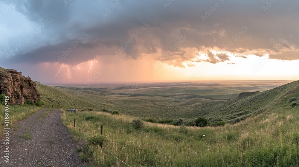 Dramatic sunset panorama with lightning over grassy plains. Dramatic sunset panorama with lightning over grassy plains.