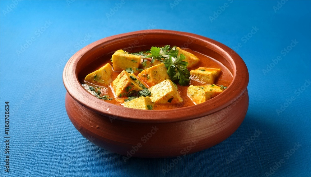 Indian traditional cuisine paneer handi in clay pot on blue background Indian traditional cuisine paneer handi in clay pot on blue background