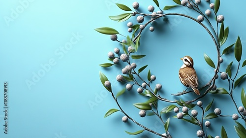 A small bird perched on a curved branch with berries and green leaves in a minimalist style on a textured blue background. Nature concept photo