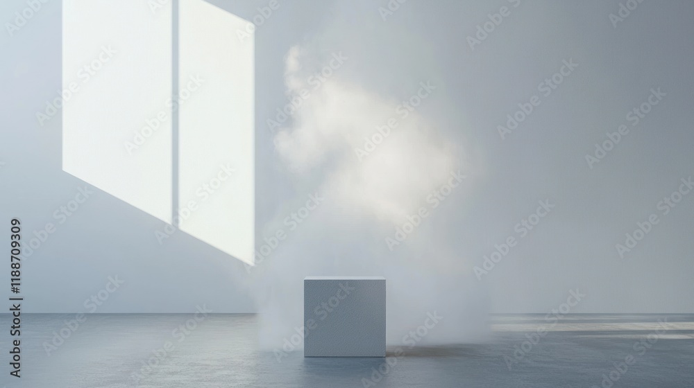 Fototapeta premium Minimalist Interior Design: White Cube, Fog, and Sunlight