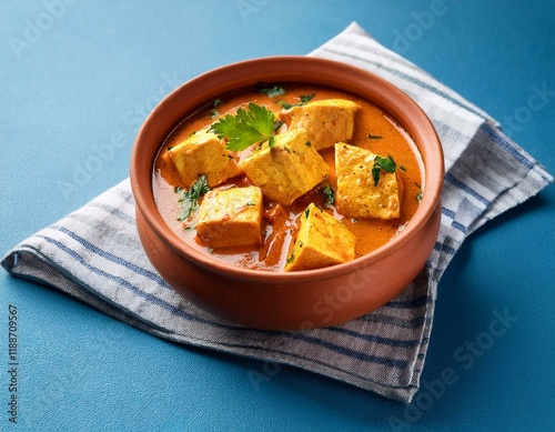 Indian traditional cuisine paneer handi in clay pot on blue background photo