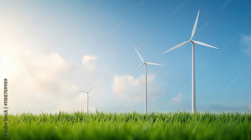 Three wind turbines are standing in a field of grass Three wind turbines are standing in a field of grass