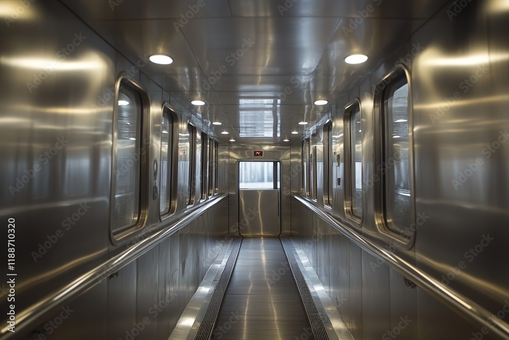 Obraz premium Modern Metal Corridor: Sleek Interior Design with Illuminated Walkway and Stainless Steel Walls, Leading to an Exit.