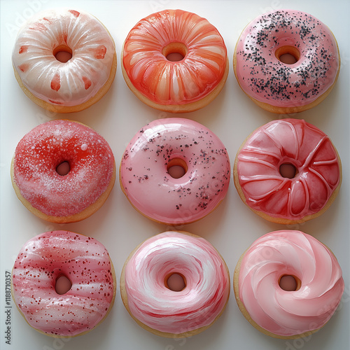 Nine sufganiyot, donuts with red glaze and cream filling, depicted in a watercolor style on a white background. photo