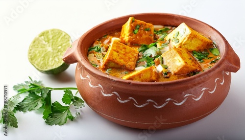 Indian traditional cuisine paneer handi in clay pot on white background