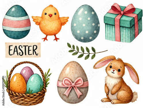 A vibrant collection of Easter decorations featuring different eggs in pastel colors, a small chick, bows, and a basket filled with eggs, symbolizing spring festivities.