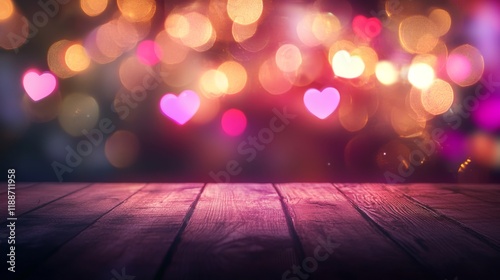 Romantic valentine's day background with soft heart-shaped bokeh lights and rustic wooden table surface for love-themed celebrations


 photo