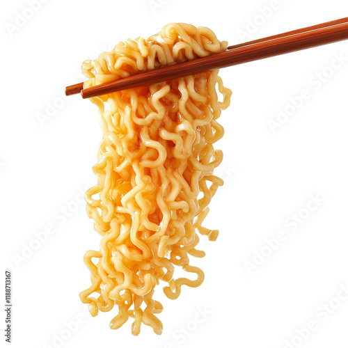 Chopsticks with noodles isolated on transparent background. Cutout.