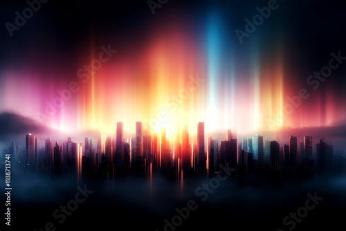 Vibrant light show illuminates urban skyline cityscape digital art nighttime aesthetic vision photo