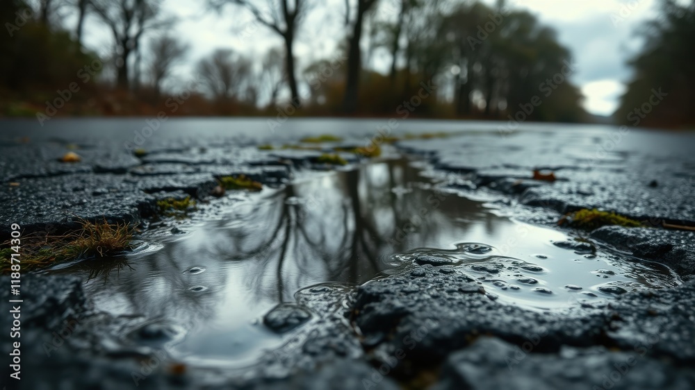 Obraz premium A puddle reflects the blurred trees lining a cracked roadway after a rain shower.