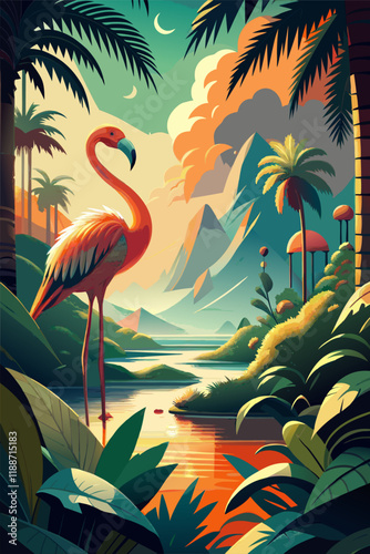 Vibrant Flamingo in a Lush Tropical Paradise with Palm Trees and Mountains.