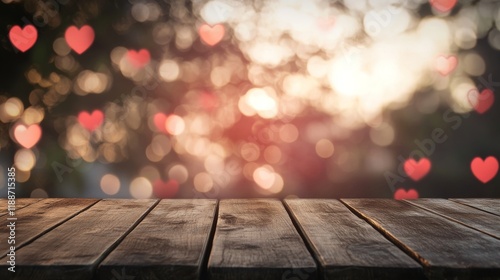 Romantic valentine's day background with soft heart-shaped bokeh lights and rustic wooden table surface for love-themed celebrations


