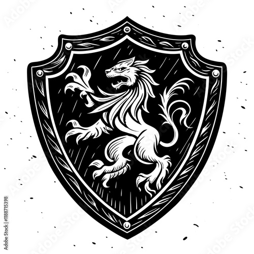 Black and White Heraldic Shield with Majestic Lion Emblem.
