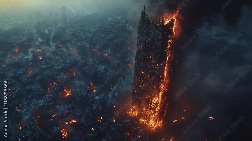 Obraz premium Towering Inferno: Skyscraper Ablaze in a Burning City - made with Generative AI