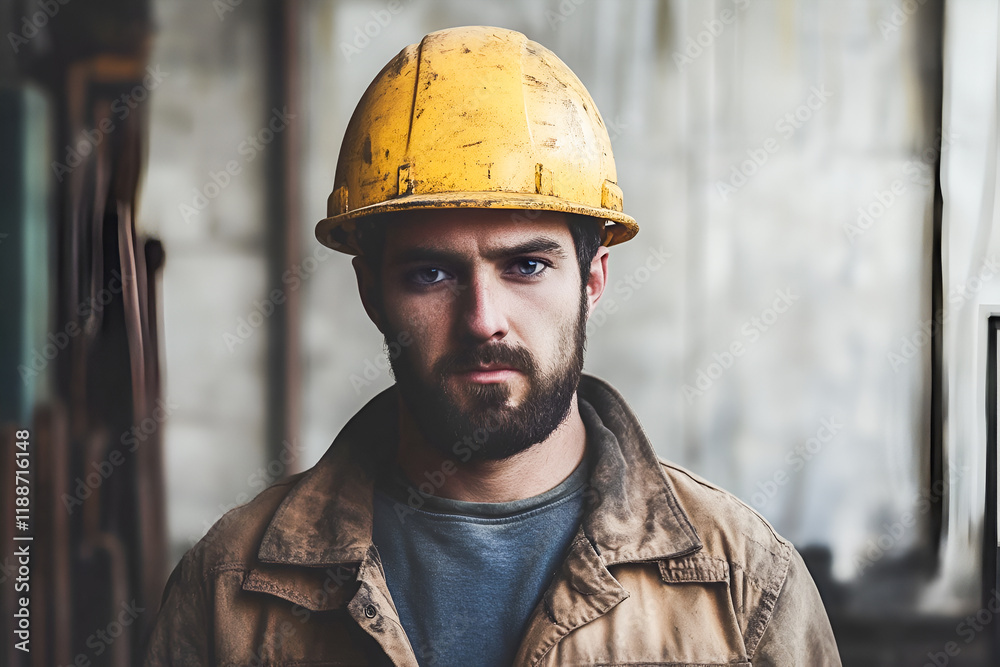 Portrait of a worker in a yellow helmet Portrait of a worker in a yellow helmet