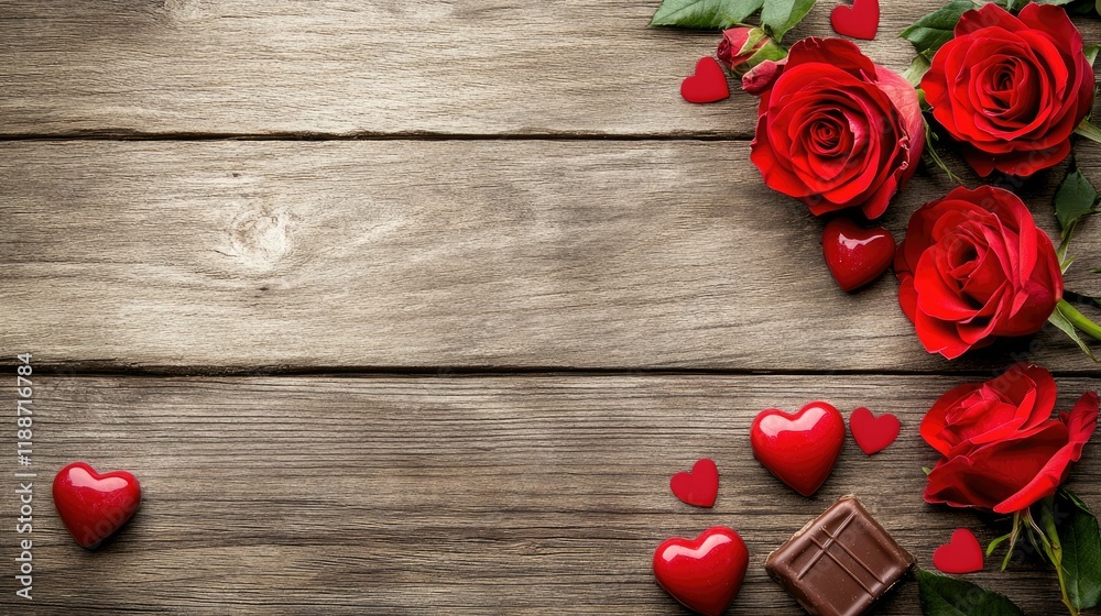 Greeting card with romantic red roses and heart-shaped chocolates on a wooden backdrop, offering a sweet Valentine's Day theme. Greeting card with romantic red roses and heart-shaped chocolates on a wooden backdrop, offering a sweet Valentine's Day theme.