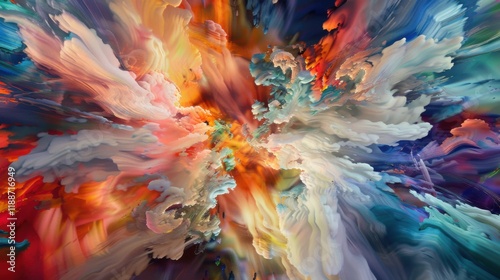 a kaleidoscopic explosion of colors and shapes forming an abstract dreamscape, white space in the center of the page for text, dynamic and energetic hues against a backdrop of infinite possibilities